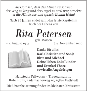Traueranzeige von Rita Petersen von Husumer Nachrichten