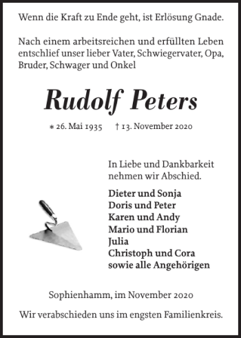 Traueranzeige von Rudolf Peters von Landeszeitung