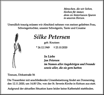 Traueranzeige von Silke Petersen von Sylter Rundschau