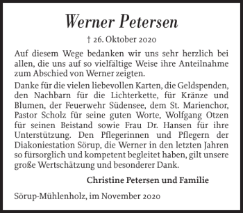 Traueranzeige von Werner Petersen von Flensburger Tageblatt