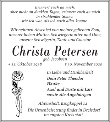 Traueranzeige von Christa Petersen von Husumer Nachrichten