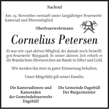 Traueranzeige von Cornelius Petersen von Husumer Nachrichten