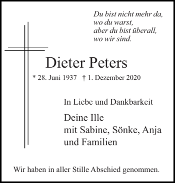 Traueranzeige von Dieter Peters von Uetersener Nachrichten