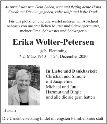 Traueranzeige von Erika Wolter-Petersen von Husumer Nachrichten