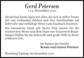 Traueranzeige von Gerd Petersen von Flensburger Tageblatt