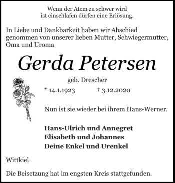 Traueranzeige von Gerda Petersen von Schlei-Bote