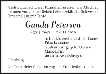 Traueranzeige von Gunda Petersen von Flensburger Tageblatt