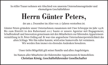 Traueranzeige von Günter Peters von Husumer Nachrichten
