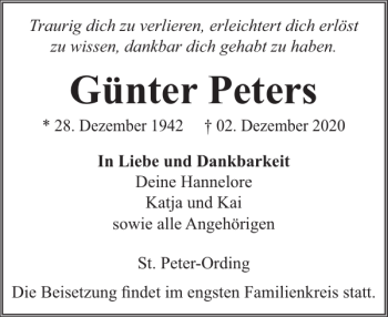 Traueranzeige von Günter Peters von Husumer Nachrichten