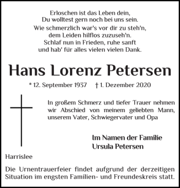 Traueranzeige von Hans Lorenz Petersen von Flensburger Tageblatt