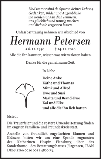 Traueranzeige von Hermann Petersen von Schleswiger Nachrichten