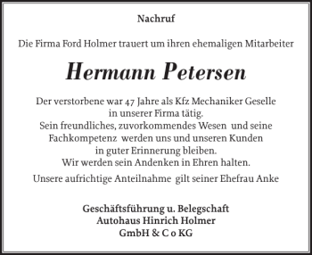 Traueranzeige von Hermann Petersen von Schleswiger Nachrichten