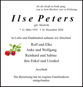 Traueranzeige von Ilse Peters von Norddeutsche Rundschau
