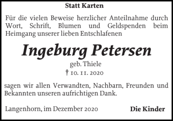 Traueranzeige von Ingeburg Petersen von Husumer Nachrichten