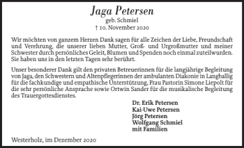 Traueranzeige von Jaga Petersen von Flensburger Tageblatt