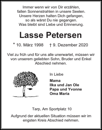 Traueranzeige von Lasse Petersen von Flensburger Tageblatt