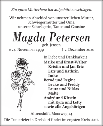 Traueranzeige von Magda Petersen von Husumer Nachrichten