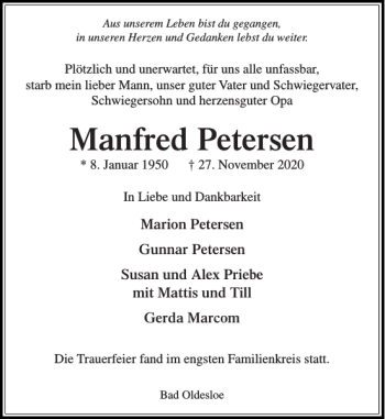 Traueranzeige von Manfred Petersen von Stormarner Tageblatt