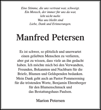 Traueranzeige von Manfred Petersen von Stormarner Tageblatt