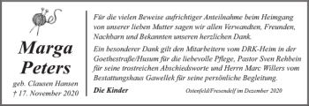 Traueranzeige von Marga Peters von Husumer Nachrichten