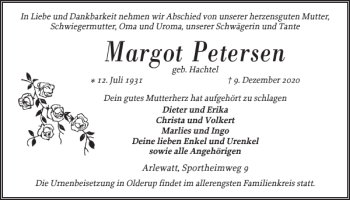 Traueranzeige von Margot Petersen von Husumer Nachrichten