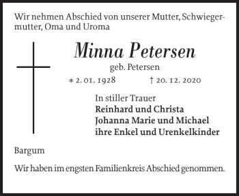 Traueranzeige von Minna Petersen von Husumer Nachrichten
