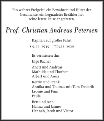 Traueranzeige von Prof. Christian Andreas Petersen von Flensburger Tageblatt