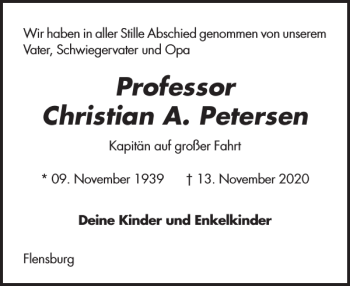Traueranzeige von Professor Christian A. Petersen von Flensburger Tageblatt