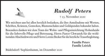 Traueranzeige von Rudolf Peters von Landeszeitung