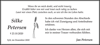 Traueranzeige von Silke Petersen von Sylter Rundschau