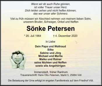 Traueranzeige von Sönke Petersen von Husumer Nachrichten