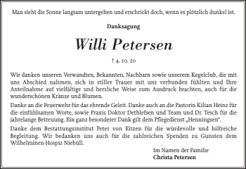 Traueranzeige von Willi Petersen von Nordfriesland Tageblatt