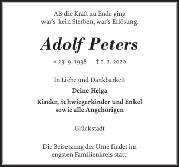 Traueranzeige von Adolf Peters von Norddeutsche Rundschau