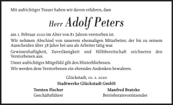Traueranzeige von Adolf Peters von Norddeutsche Rundschau