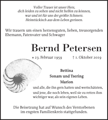 Traueranzeige von Bernd Petersen von Elmshorner Nachrichten