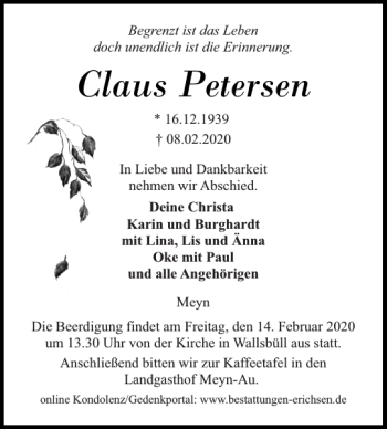 Traueranzeige von Claus Petersen von Flensburger Tageblatt