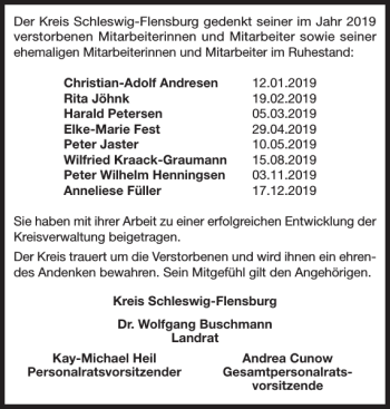 Traueranzeige von Der Kreis Schleswig-Flensburg gedenkt seiner im Jahr 2019 verstorbenen Mitarbeiterinnen und Mitarbeiter sowie seiner ehemaligen Mitarbeiterinnen und Mitarbeiter im Ruhestand  von Flensburger Tageblatt