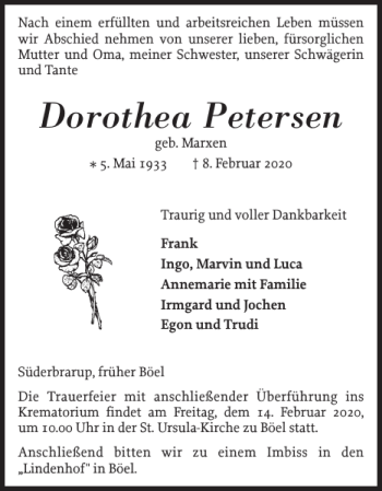 Traueranzeige von Dorothea Petersen von Flensburger Tageblatt
