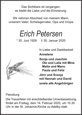 Traueranzeige von Erich Petersen von Flensburger Tageblatt