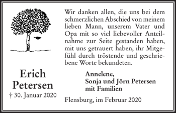 Traueranzeige von Erich Petersen von Flensburger Tageblatt