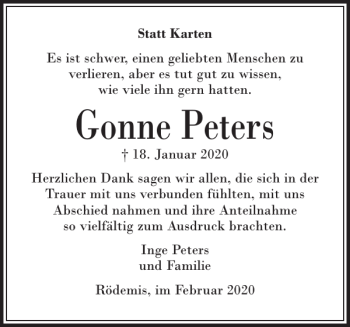 Traueranzeige von Gonne Peters von Husumer Nachrichten