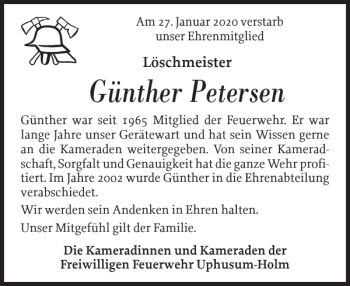 Traueranzeige von Günther Petersen von Nordfriesland Tageblatt