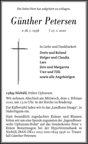 Traueranzeige von Günther Petersen von Flensburger Tageblatt