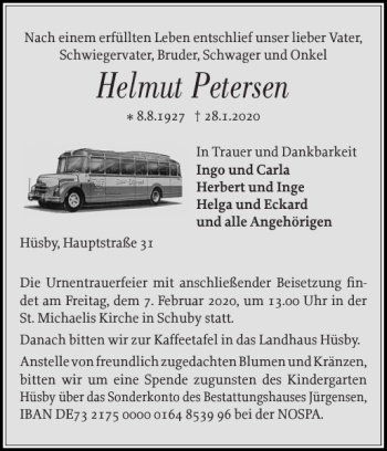 Traueranzeige von Helmut Petersen von Schleswiger Nachrichten