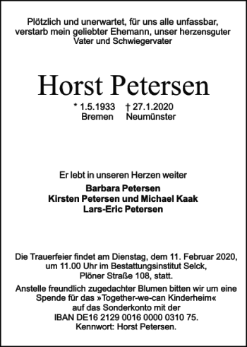 Traueranzeige von Horst Petersen von Holsteinischer Courier