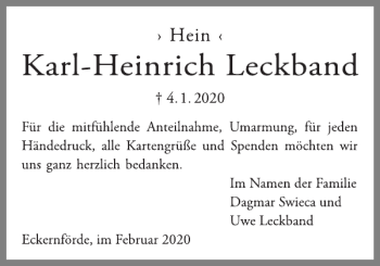 Traueranzeige von Karl-Heinrich Leckband von Schleswiger Nachrichten