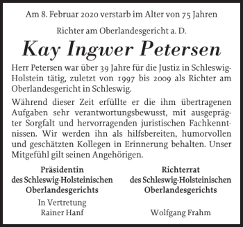 Traueranzeige von Kay Ingwer Petersen von Schleswiger Nachrichten