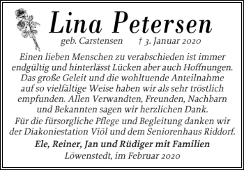 Traueranzeige von Lina Petersen von Flensburger Tageblatt