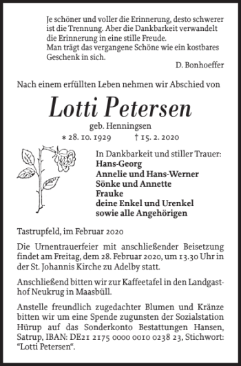 Traueranzeige von Lotti Petersen von Flensburger Tageblatt