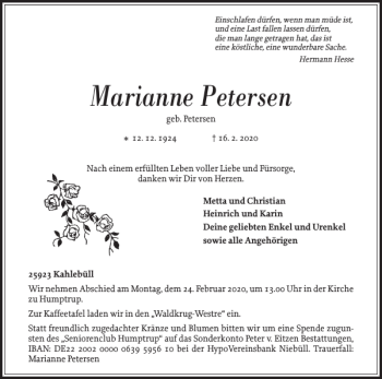 Traueranzeige von Marianne Petersen von Nordfriesland Tageblatt